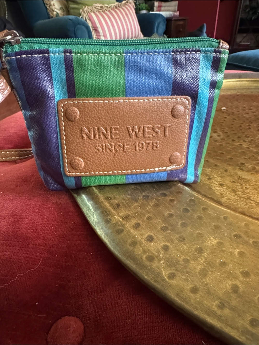 Nine West Striped Green Blue Canvas Wristlet with Brown Patch